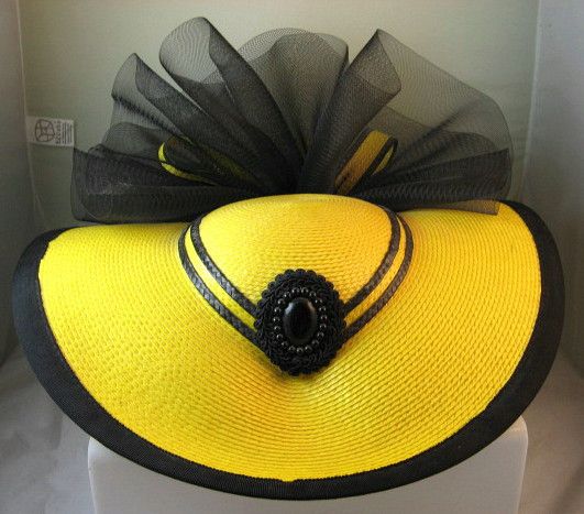Dramatic Yellow and Black Straw Hat with Black Netting Dramatic Yellow and Black Straw Hat with Black Netting