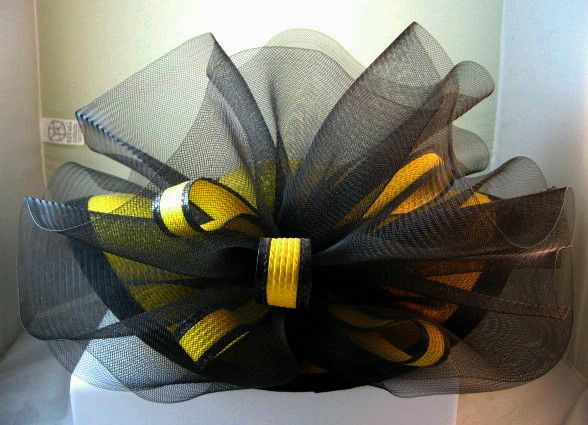 Dramatic Yellow and Black Straw Hat with Black Netting Dramatic Yellow and Black Straw Hat with Black Netting