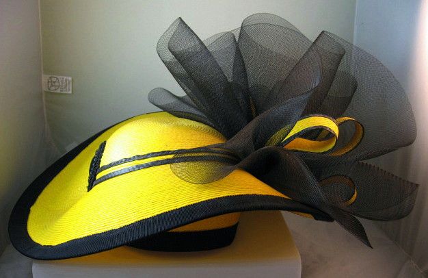 Dramatic Yellow and Black Straw Hat with Black Netting Dramatic Yellow and Black Straw Hat with Black Netting