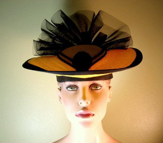 Dramatic Yellow and Black Straw Hat with Black Netting Dramatic Yellow and Black Straw Hat with Black Netting