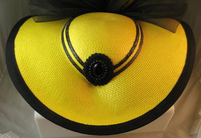 Dramatic Yellow and Black Straw Hat with Black Netting Dramatic Yellow and Black Straw Hat with Black Netting