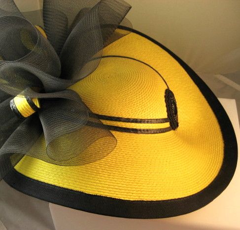 Dramatic Yellow and Black Straw Hat with Black Netting Dramatic Yellow and Black Straw Hat with Black Netting