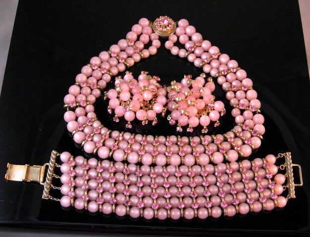 Closeout Price-Pink Moon-glow Glass Bead and Rhinestone Parure Closeout Price-Pink Moon-glow Glass Bead and Rhinestone Parure