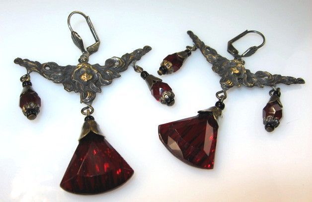 Czechoslovakian Art Nouveau Style Red Glass Dangle Earrings Czechoslovakian Art Nouveau Style Red Glass Dangle Earrings