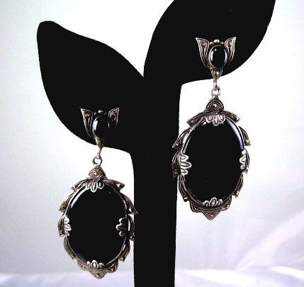 Art Deco Style Black Onyx Marcasite Sterling Silver Dangle Earrings Art Deco Style Black Onyx Marcasite Sterling Silver Dangle Earrings