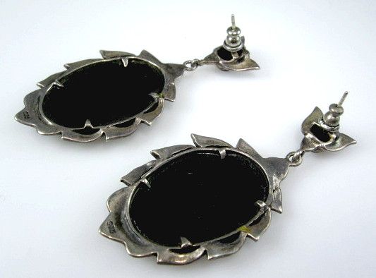 Art Deco Style Black Onyx Marcasite Sterling Silver Dangle Earrings Art Deco Style Black Onyx Marcasite Sterling Silver Dangle Earrings