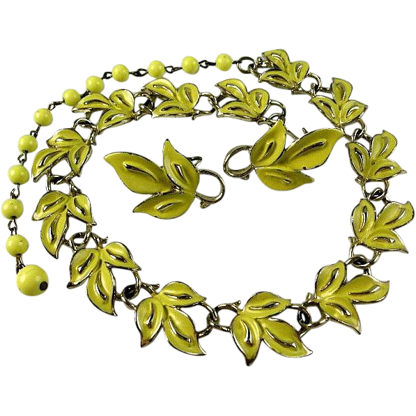 Lovely Coro Yellow Enamel Leaf Necklace and Earring Set Lovely Coro Yellow Enamel Leaf Necklace and Earring Set
