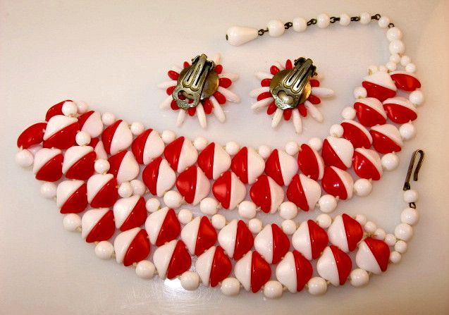 Retro West Germany Red and White Glass Necklace and Earring Set Retro West Germany Red and White Glass Necklace and Earring Set