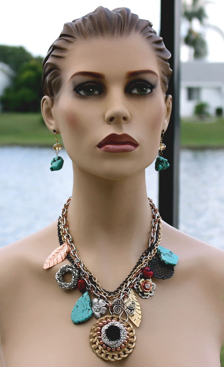 Turquoise Coral Triple Strand Charm Necklace Set Turquoise Coral Triple Strand Charm Necklace Set