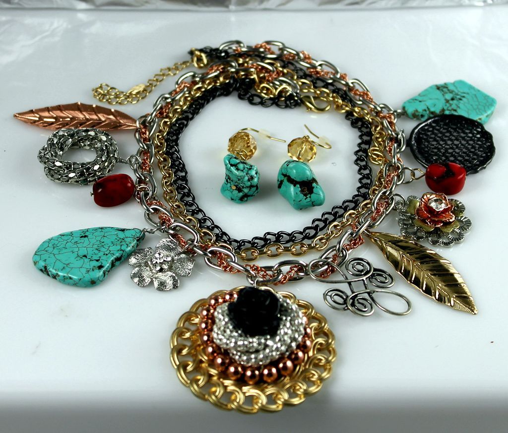 Turquoise Coral Triple Strand Charm Necklace Set Turquoise Coral Triple Strand Charm Necklace Set