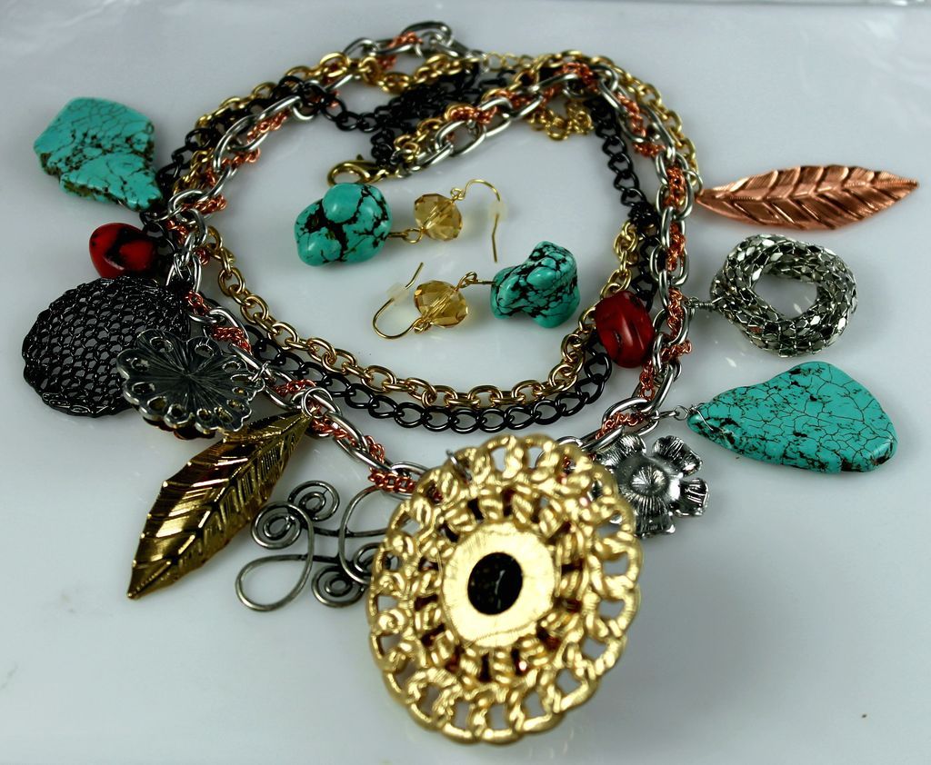 Turquoise Coral Triple Strand Charm Necklace Set Turquoise Coral Triple Strand Charm Necklace Set