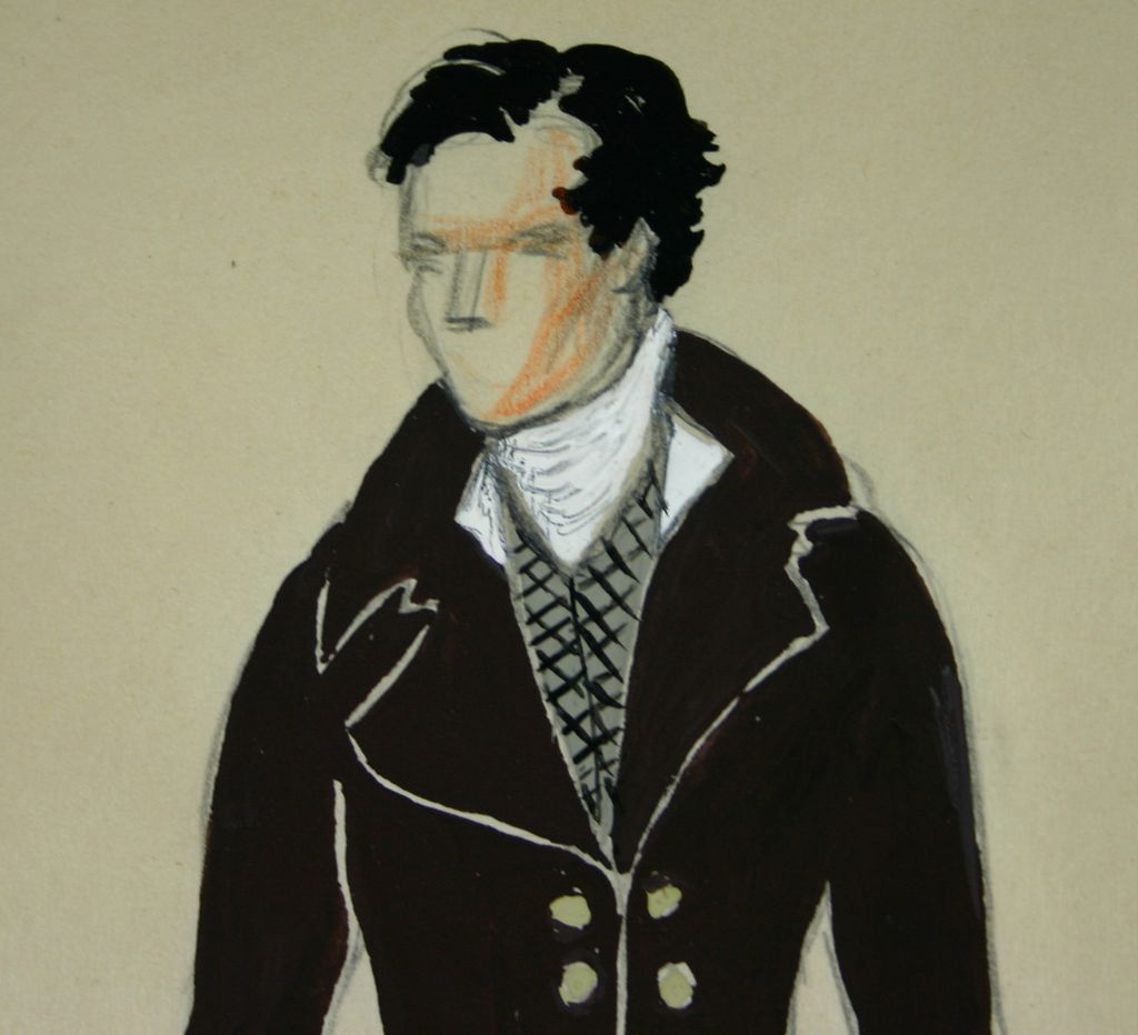 Original Costume Drawing of a Man in a Brown Coat by Raoul Pene Du Bois Original Costume Drawing of a Man in a Brown Coat by Raoul Pene Du Bois