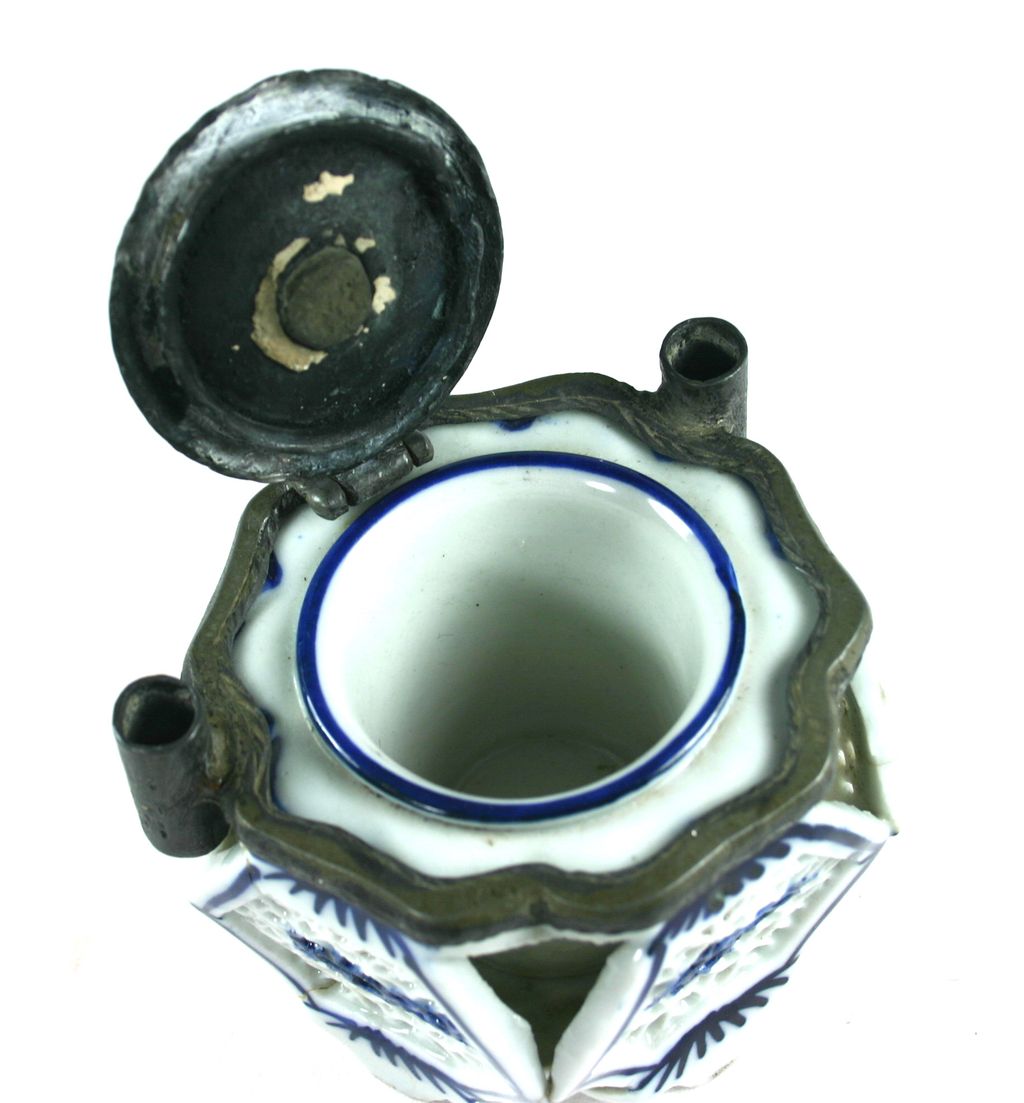 Unique Chinese Import Reticulated Porcelain Ink Well with Pewter Top Unique Chinese Import Reticulated Porcelain Ink Well with Pewter Top