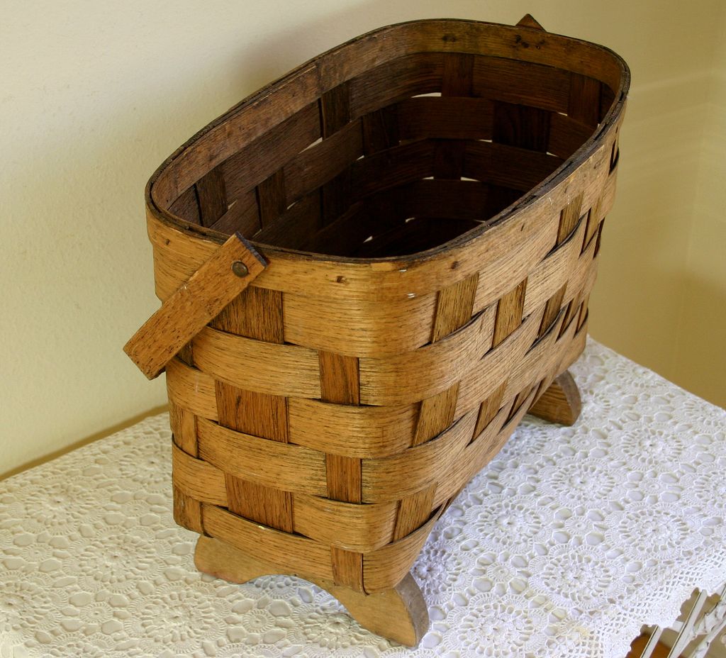 19th C New England Swing Handle Oak Splint Footed Basket 19th C New England Swing Handle Oak Splint Footed Basket