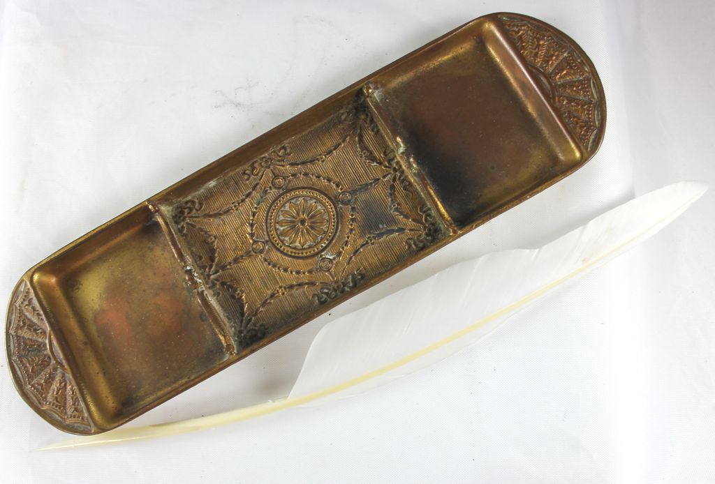 Gilded Bronze 1860 Pen Tray with Feather Quill Gilded Bronze 1860 Pen Tray with Feather Quill