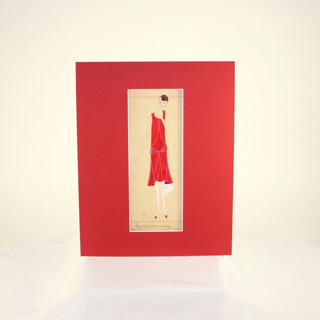 Fabulous Art Deco original French mixed media fashion drawing, "le velours rouge" Fabulous Art Deco original French mixed media fashion drawing, "le velours rouge"