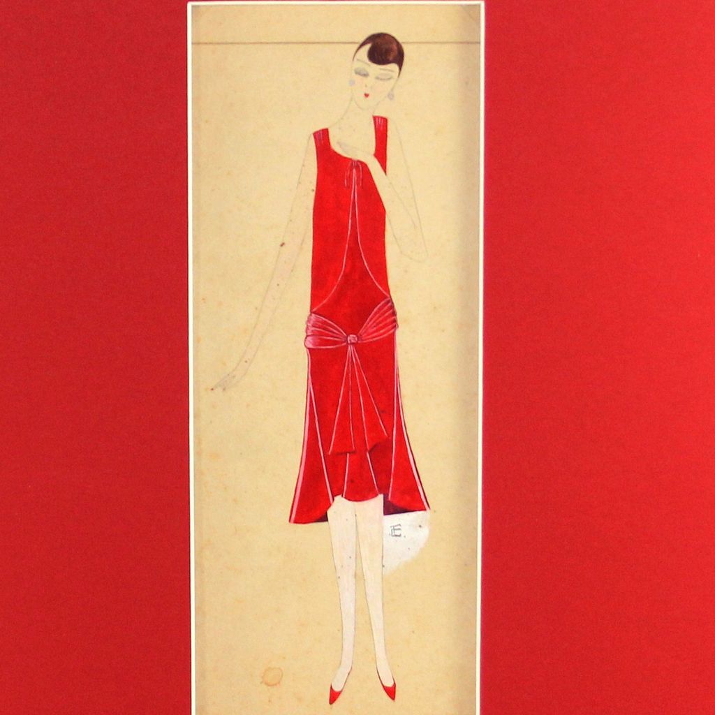 Fabulous Art Deco original French mixed media fashion drawing, "le velours rouge" Fabulous Art Deco original French mixed media fashion drawing, "le velours rouge"