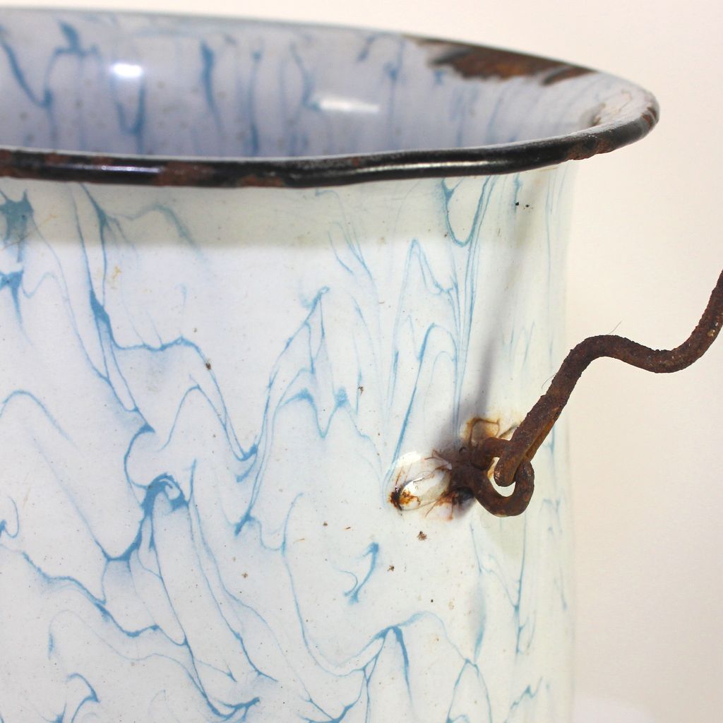 Antique French enamelware, graniteware white blue veined bucket from