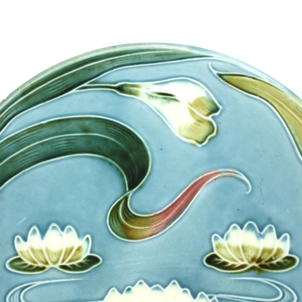 Zell Baden Germany Majolica plate water lily, old vintage marked numbered Zell Baden Germany Majolica plate water lily, old vintage marked numbered