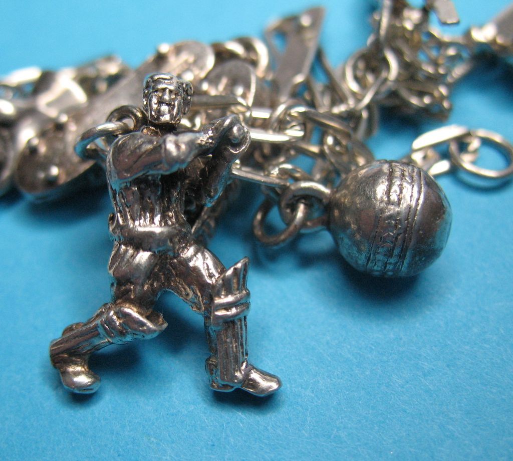 Vintage Sterling Silver Cricket Themed Charm Bracelet - Rare Charms Vintage Sterling Silver Cricket Themed Charm Bracelet - Rare Charms