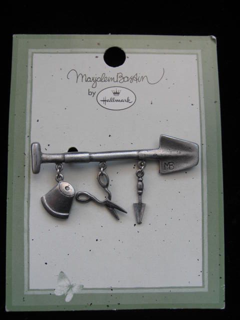 Hallmark 1999 Marjolein Bastin Gardening Brooch or Pin With 3 Dangling Charms Hallmark 1999 Marjolein Bastin Gardening Brooch or Pin With 3 Dangling Charms