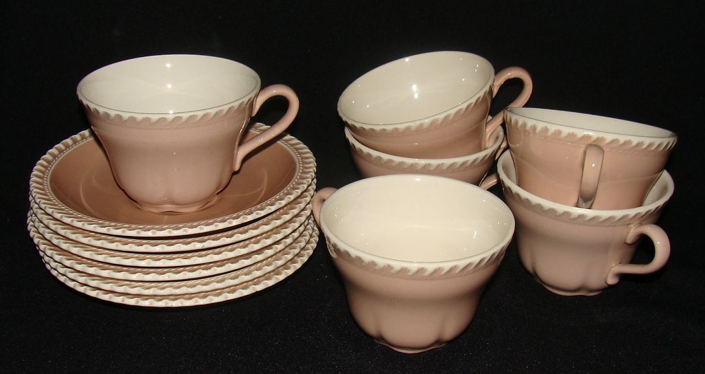 Harker Pottery Harkerware Pink Cocoa "Chesterton" Cups and Saucers, Set of 6 Harker Pottery Harkerware Pink Cocoa "Chesterton" Cups and Saucers, Set of 6