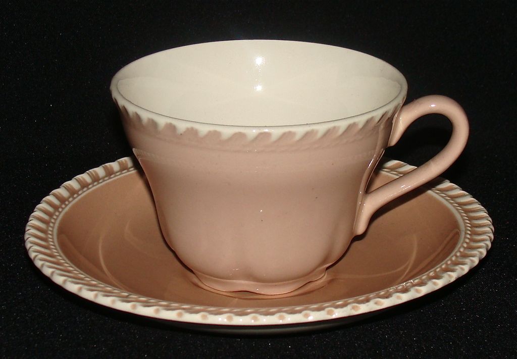 Harker Pottery Harkerware Pink Cocoa "Chesterton" Cups and Saucers, Set of 6 Harker Pottery Harkerware Pink Cocoa "Chesterton" Cups and Saucers, Set of 6