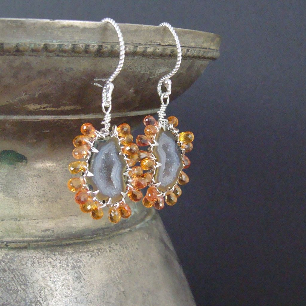 Agate Druzy Geodes Sapphires Earrings - Natalie Earrings Agate Druzy Geodes Sapphires Earrings - Natalie Earrings