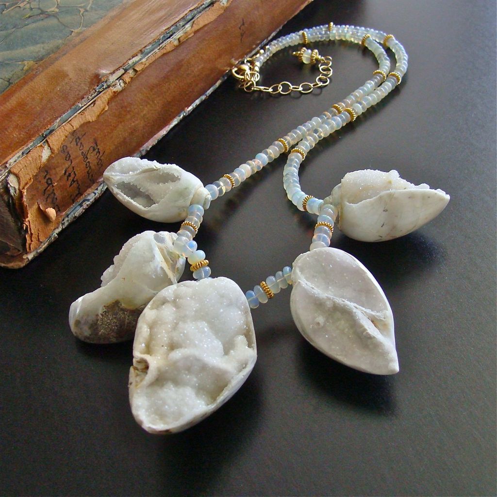 Fossilized Druzy Shells Ethiopian Opals Statement Necklace - Zara Necklace Fossilized Druzy Shells Ethiopian Opals Statement Necklace - Zara Necklace