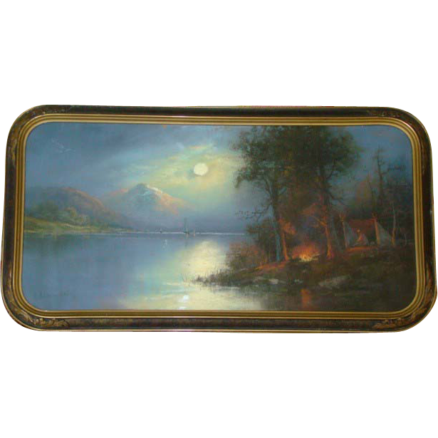 Antique Pastel Chalk Painting, WILLIAM CHANDLER Campfire Scene, Art Deco Frame Antique Pastel Chalk Painting, WILLIAM CHANDLER Campfire Scene, Art Deco Frame