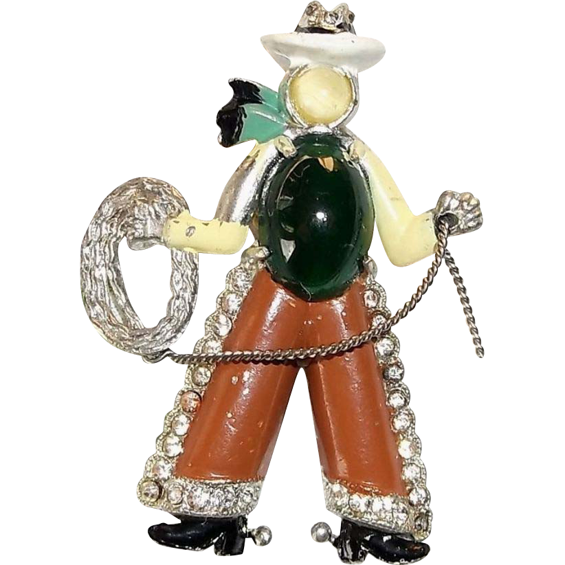 1939 Rare CORO Cowboy Jelly Belly Enamel Rhinestone Clip Brooch Pin 1939 Rare CORO Cowboy Jelly Belly Enamel Rhinestone Clip Brooch Pin
