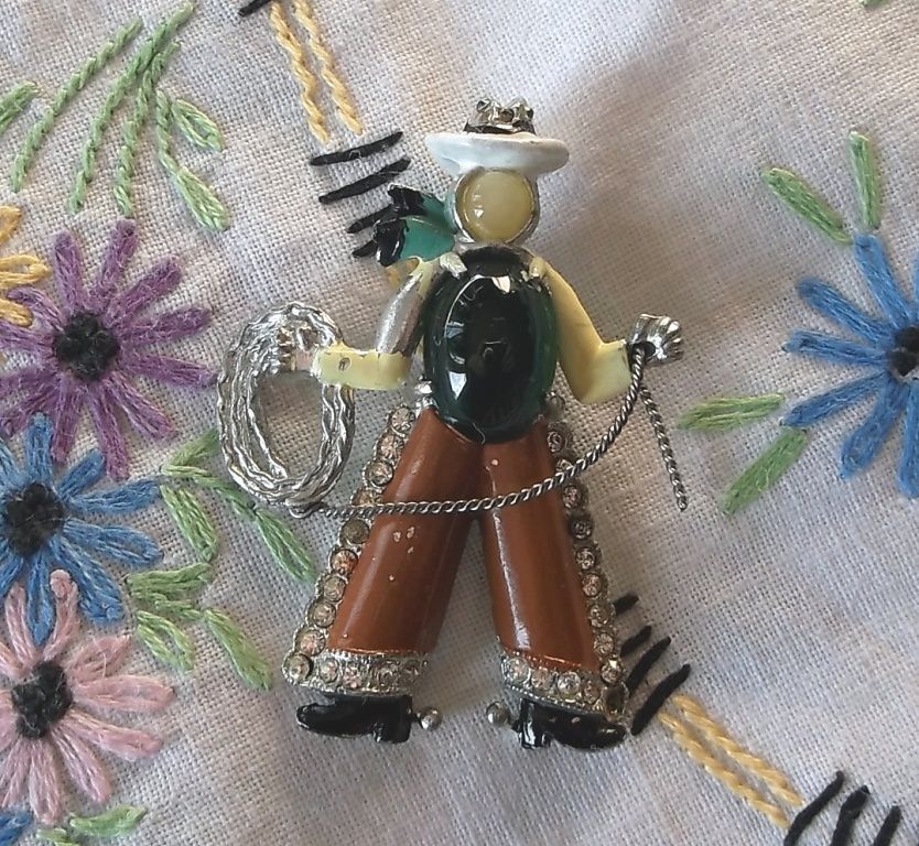 1939 Rare CORO Cowboy Jelly Belly Enamel Rhinestone Clip Brooch Pin 1939 Rare CORO Cowboy Jelly Belly Enamel Rhinestone Clip Brooch Pin