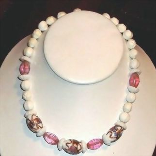Gorgeous 50's Hobe' White Lucite Glass & Wedding Cake Venetian Bead On Chain Gorgeous 50's Hobe' White Lucite Glass & Wedding Cake Venetian Bead On Chain