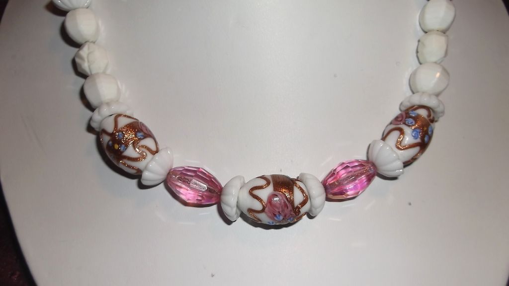 Gorgeous 50's Hobe' White Lucite Glass & Wedding Cake Venetian Bead On Chain Gorgeous 50's Hobe' White Lucite Glass & Wedding Cake Venetian Bead On Chain