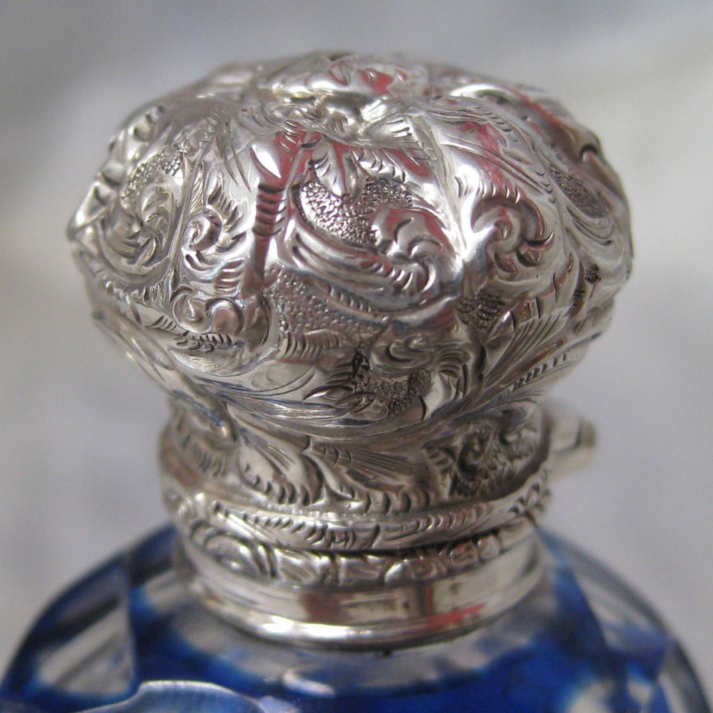 Blue Cut to Clear Glass Sterling Silver Lidded Perfume Bottle Blue Cut to Clear Glass Sterling Silver Lidded Perfume Bottle
