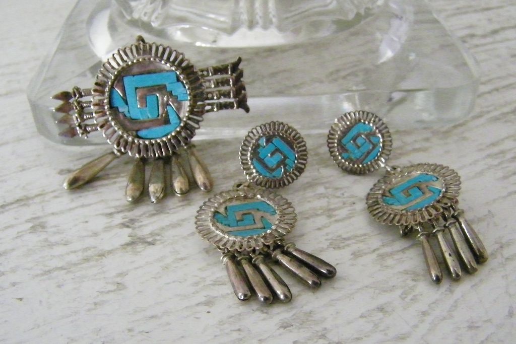 Silver & Turquoise Aztec Arrows & Shield Brooch Pendant & Earring Set Silver & Turquoise Aztec Arrows & Shield Brooch Pendant & Earring Set