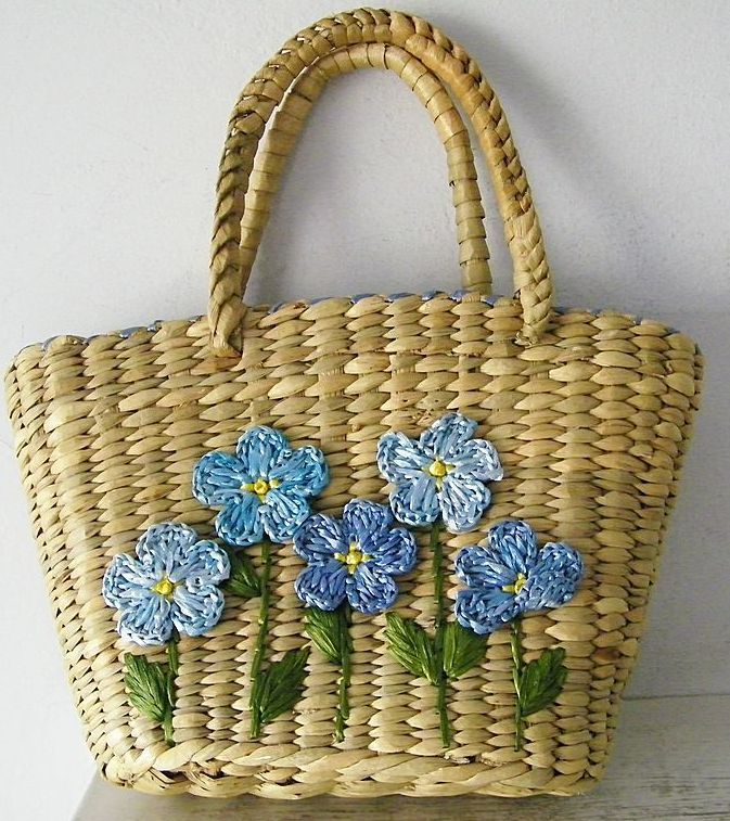 Natural Fiber Basket Purse * Blue Flowers Natural Fiber Basket Purse * Blue Flowers
