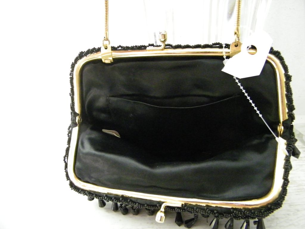 Walberg Hand Made Black Lucite Beaded handbag 2 rhinestone clasp Walberg Hand Made Black Lucite Beaded handbag 2 rhinestone clasp