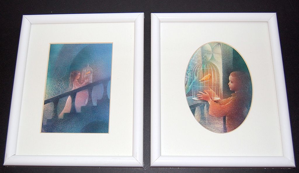 1970s Girl with Caged Canary Framed Prints ~ Set of 2 1970s Girl with Caged Canary Framed Prints ~ Set of 2