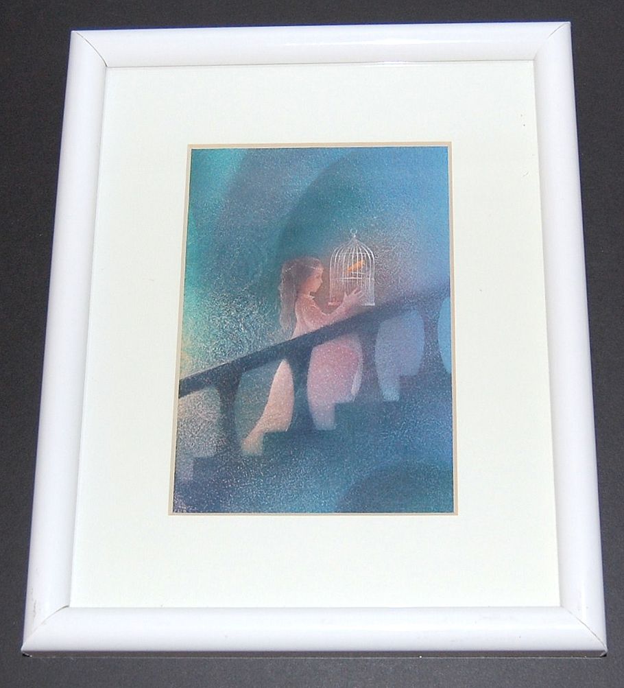 1970s Girl with Caged Canary Framed Prints ~ Set of 2 1970s Girl with Caged Canary Framed Prints ~ Set of 2