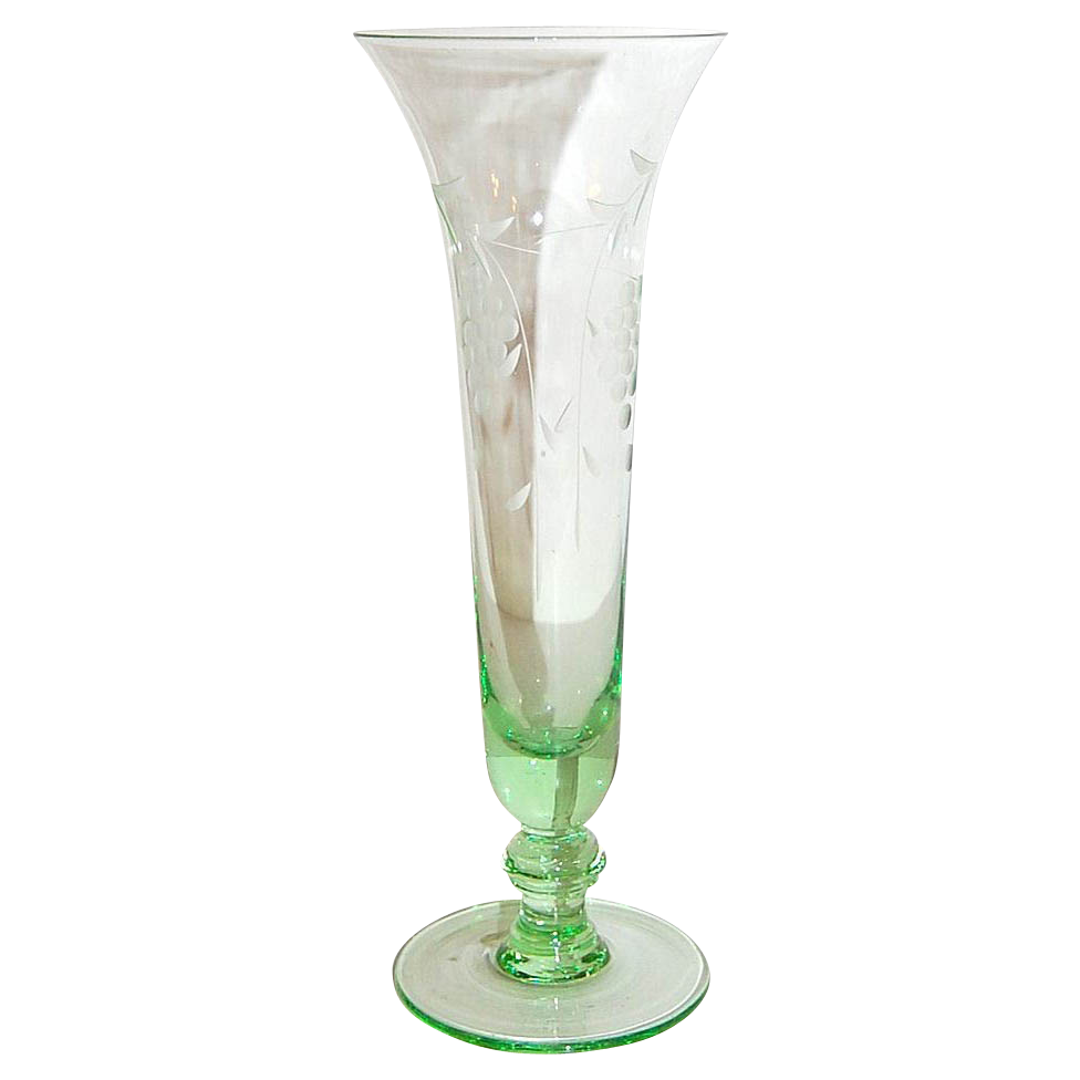 Napco ~ Etched Green Depression Glass Trumpet Vase Napco ~ Etched Green Depression Glass Trumpet Vase
