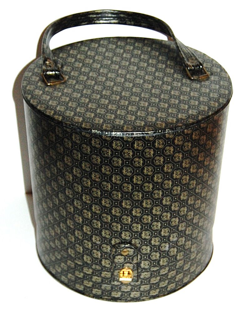 1960s Black & Gold Tiger Print Wig or Hat Case w/ 'Syndie' Form 1960s Black & Gold Tiger Print Wig or Hat Case w/ 'Syndie' Form