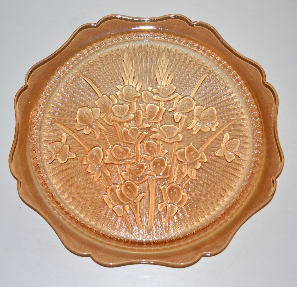 Jeanette Glass ~ Iridescent Iris Marigold Glass Cake Plate Jeanette Glass ~ Iridescent Iris Marigold Glass Cake Plate
