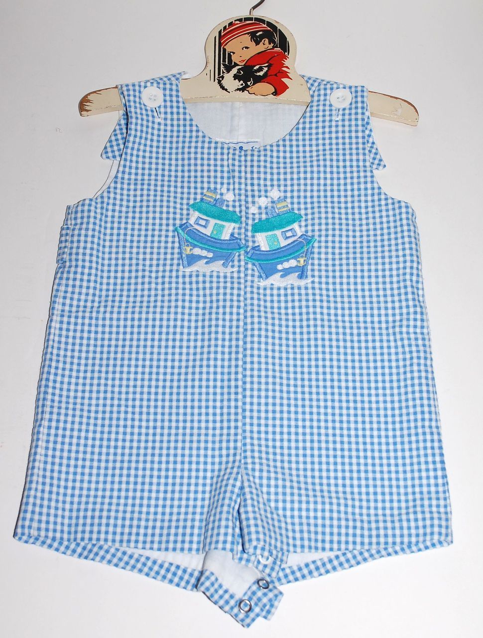 1980s Fast Friends ~ Blue Checkered Chug Boat Child or Large Doll Romper 1980s Fast Friends ~ Blue Checkered Chug Boat Child or Large Doll Romper