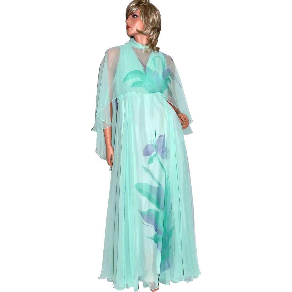 1970s Dan Lee Couture ~ Mint Green Floral Chiffon Dress w/ Shoulder Scarf 1970s Dan Lee Couture ~ Mint Green Floral Chiffon Dress w/ Shoulder Scarf
