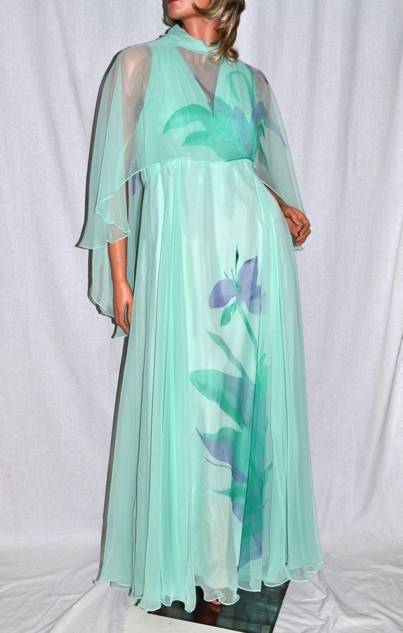 1970s Dan Lee Couture ~ Mint Green Floral Chiffon Dress w/ Shoulder Scarf 1970s Dan Lee Couture ~ Mint Green Floral Chiffon Dress w/ Shoulder Scarf