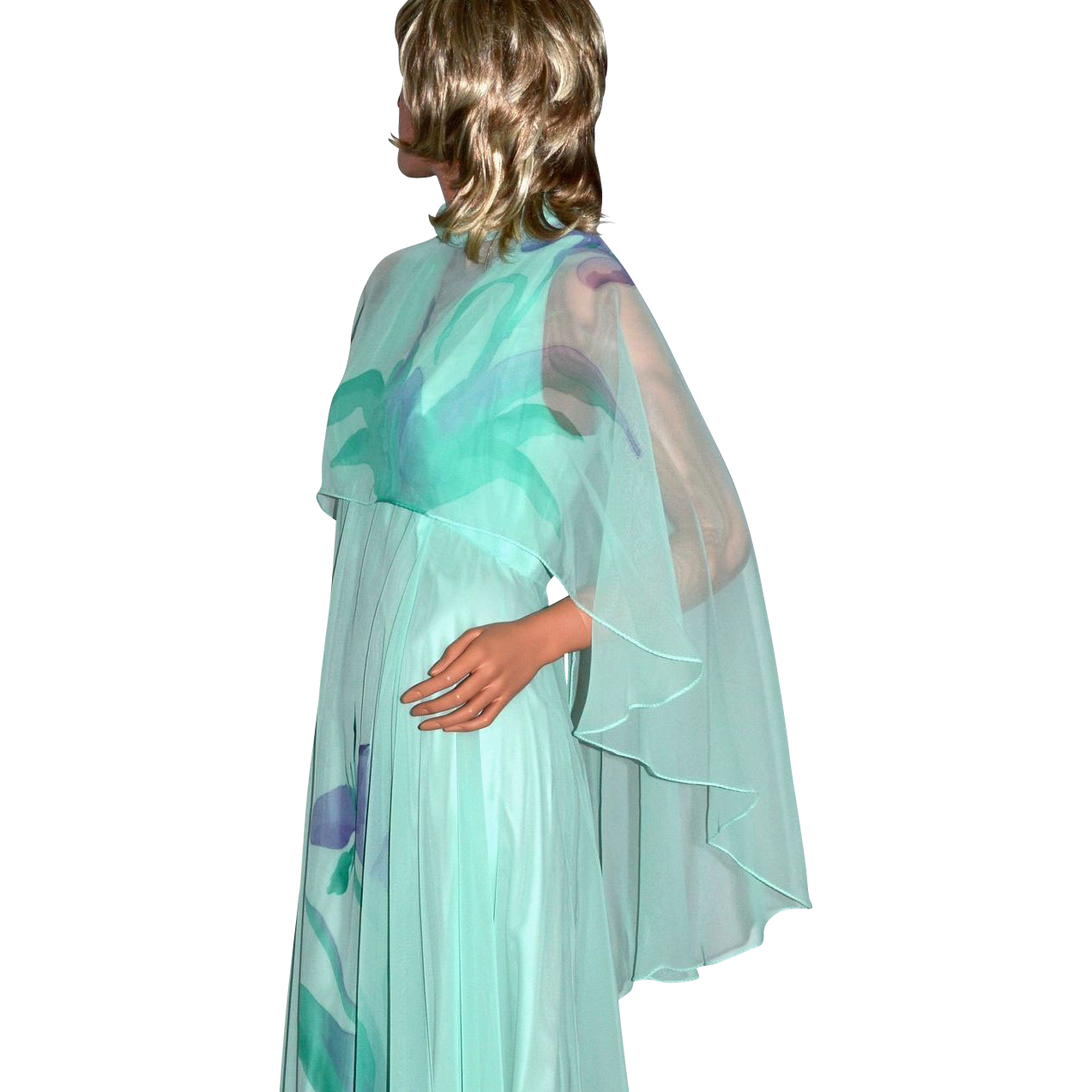 1970s Dan Lee Couture ~ Mint Green Floral Chiffon Dress w/ Shoulder Scarf 1970s Dan Lee Couture ~ Mint Green Floral Chiffon Dress w/ Shoulder Scarf
