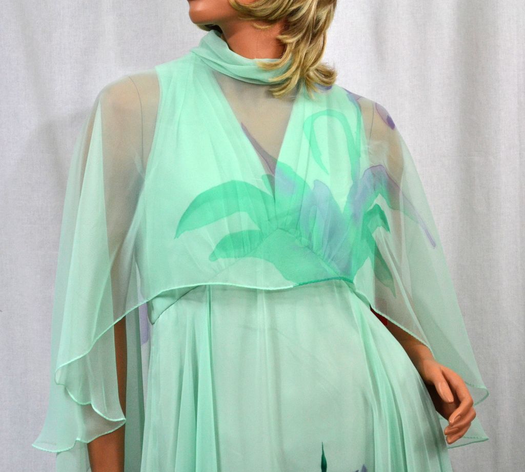 1970s Dan Lee Couture ~ Mint Green Floral Chiffon Dress w/ Shoulder Scarf 1970s Dan Lee Couture ~ Mint Green Floral Chiffon Dress w/ Shoulder Scarf