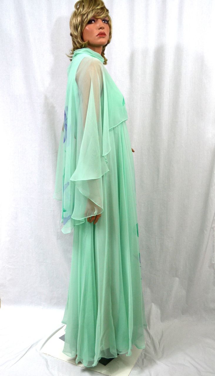 1970s Dan Lee Couture ~ Mint Green Floral Chiffon Dress w/ Shoulder Scarf 1970s Dan Lee Couture ~ Mint Green Floral Chiffon Dress w/ Shoulder Scarf