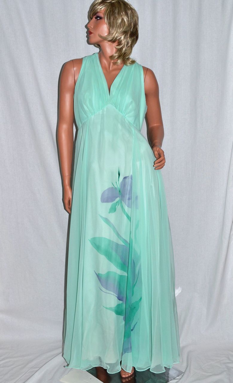 1970s Dan Lee Couture ~ Mint Green Floral Chiffon Dress w/ Shoulder Scarf 1970s Dan Lee Couture ~ Mint Green Floral Chiffon Dress w/ Shoulder Scarf